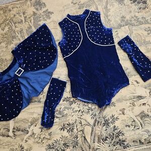 Vintage Rich Blue Silk Velvet Show Girl Costume 1950s Cape, Leotard, Arm Warmers